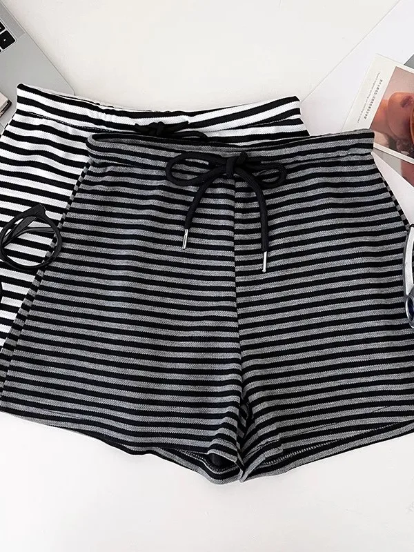

High Waist Drawstring Elastic Waist Slimming Striped Wide Leg Pants Short Casual Bottoms Summer Women's Fashion Commute Style