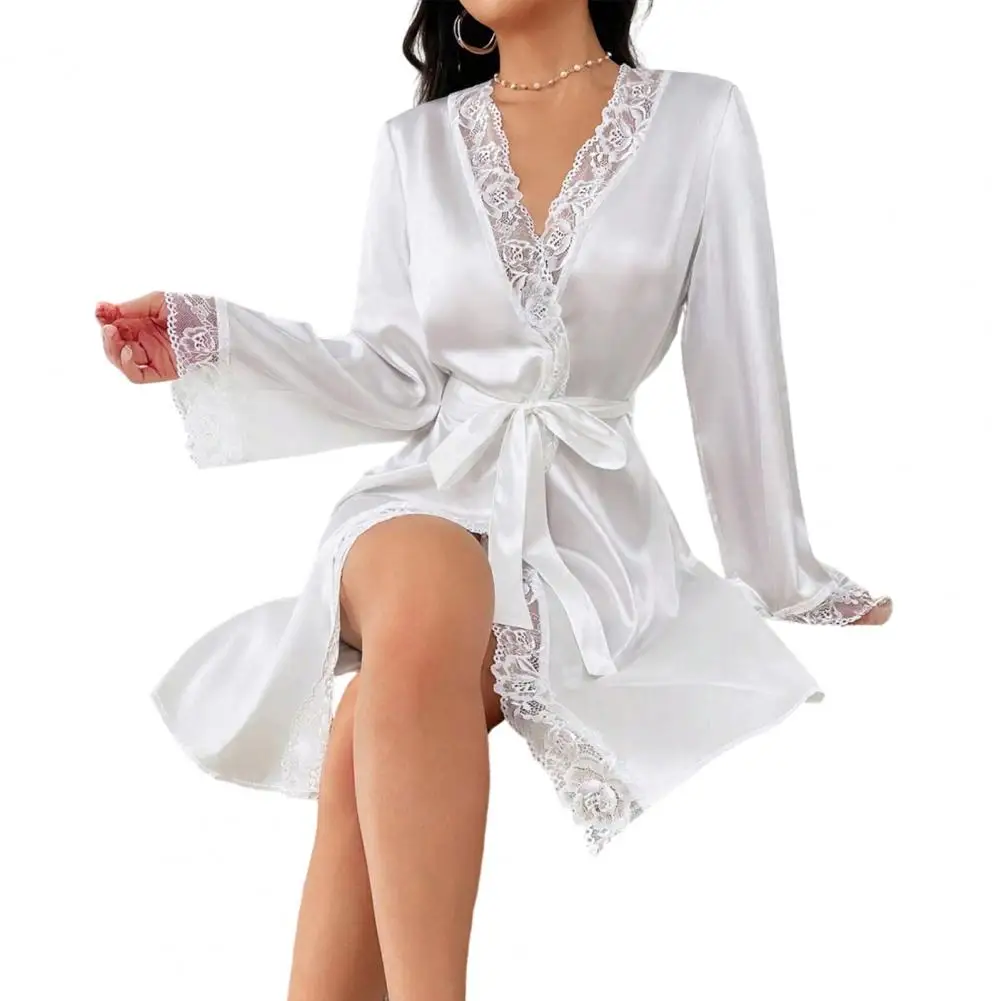 

Women's Satin Robe Smooth Silky Lace Robe Tie Waist Long Sleeve Kimono Bathrobe For Bride Bridesmaid New