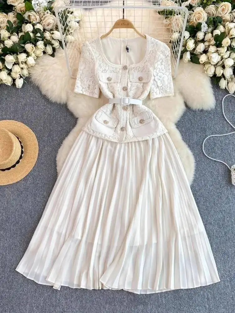 Vestido plisado de gasa con empalme de encaje y bordado Floral elegante para mujer, bata de pasarela con bolsillo y cinturón con botones dorados de manga corta