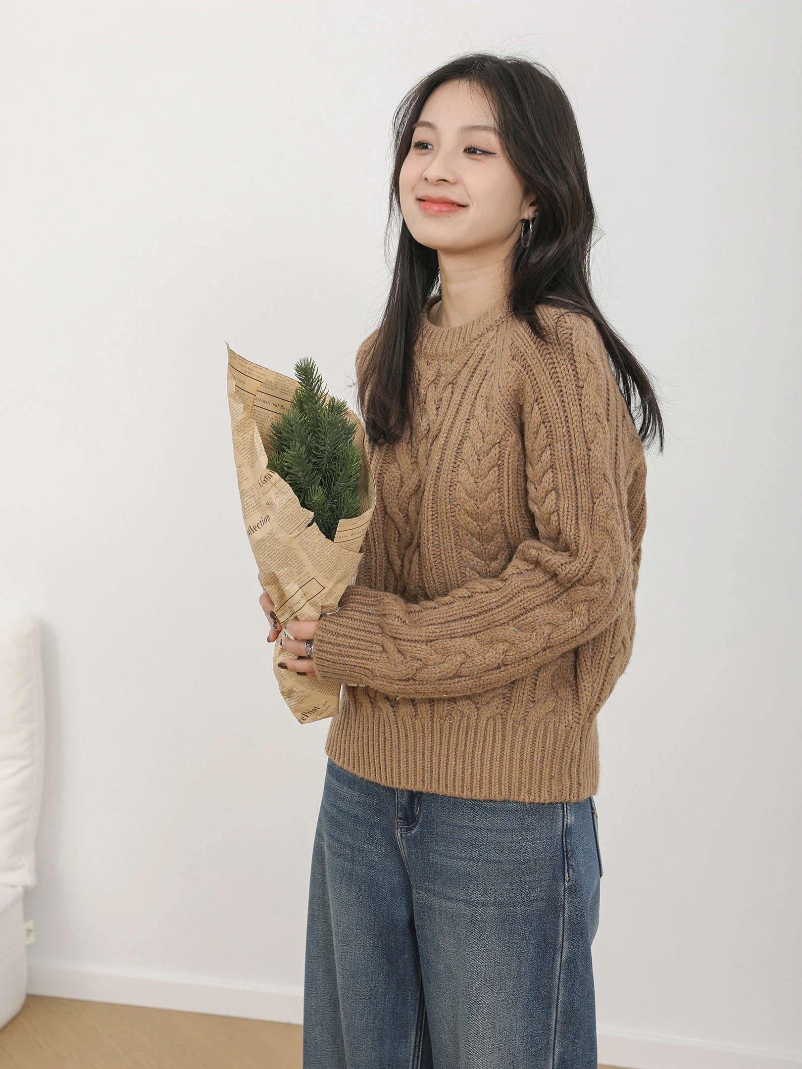

Sanmu Social Winter New Wool Thiened Loose Sweater Overhead Casual Sle Twist Flower Pattern Vintage Base Layer Sweater
