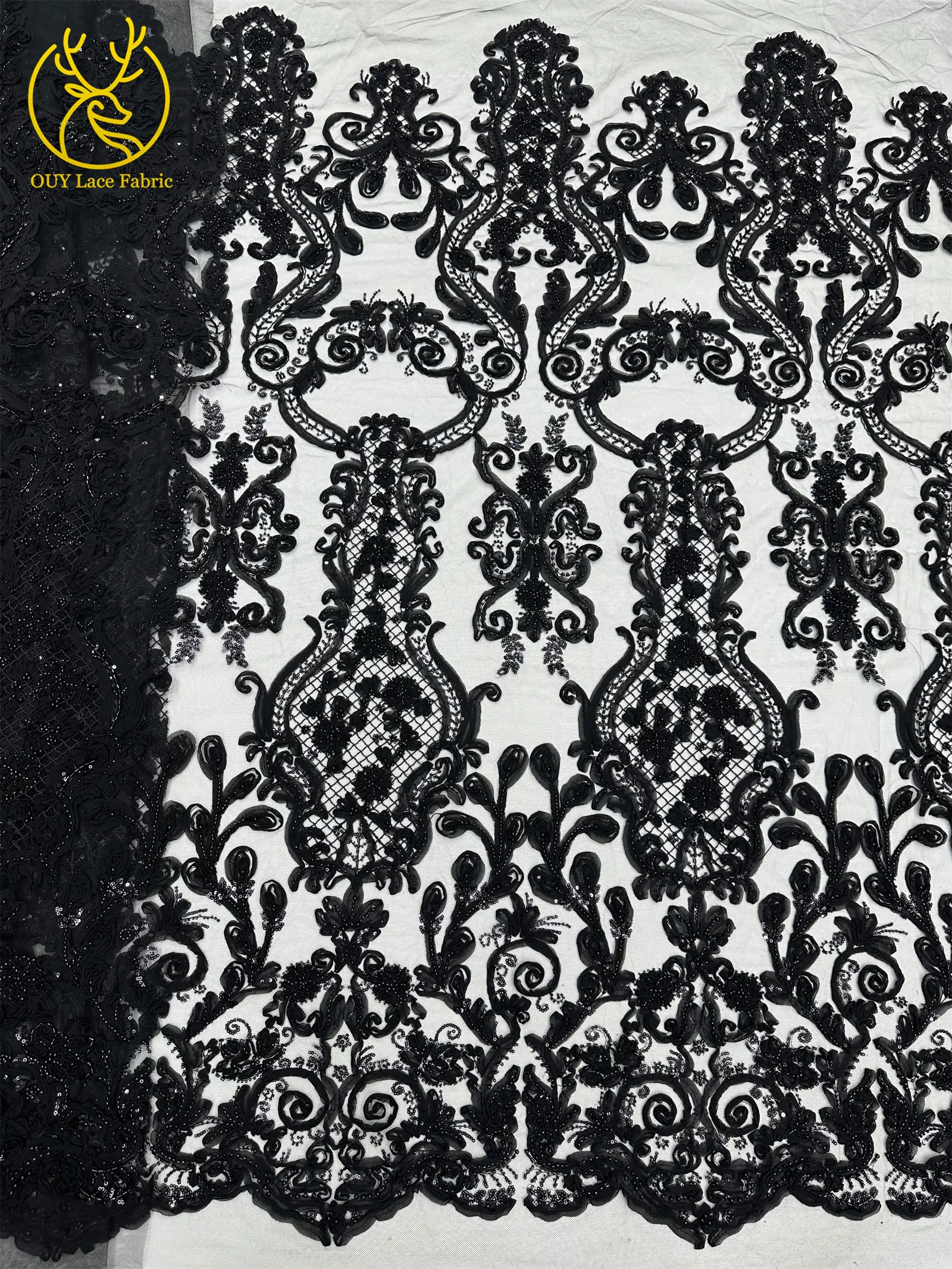 3D Afrikanischer Perlen-Spitzenstoff Schwarz Rot Luxuriöser Hochwertiger Französischer Pailletten-Tüll für Damen Abendkleid DIY Nähen 5 Yards – Detail 17