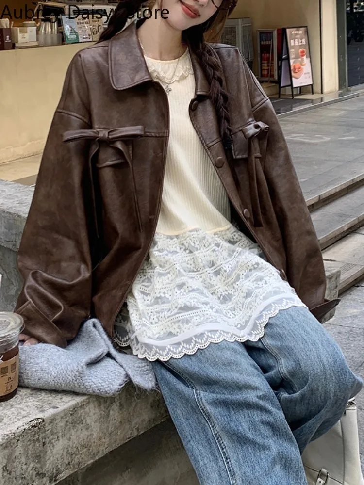 Chaqueta de cuero marrón Punk de invierno para mujer, chaqueta de cuero de motociclista con cremallera de calle alta, ropa de calle informal con diseño de lazo, prendas de vestir exteriores nuevas