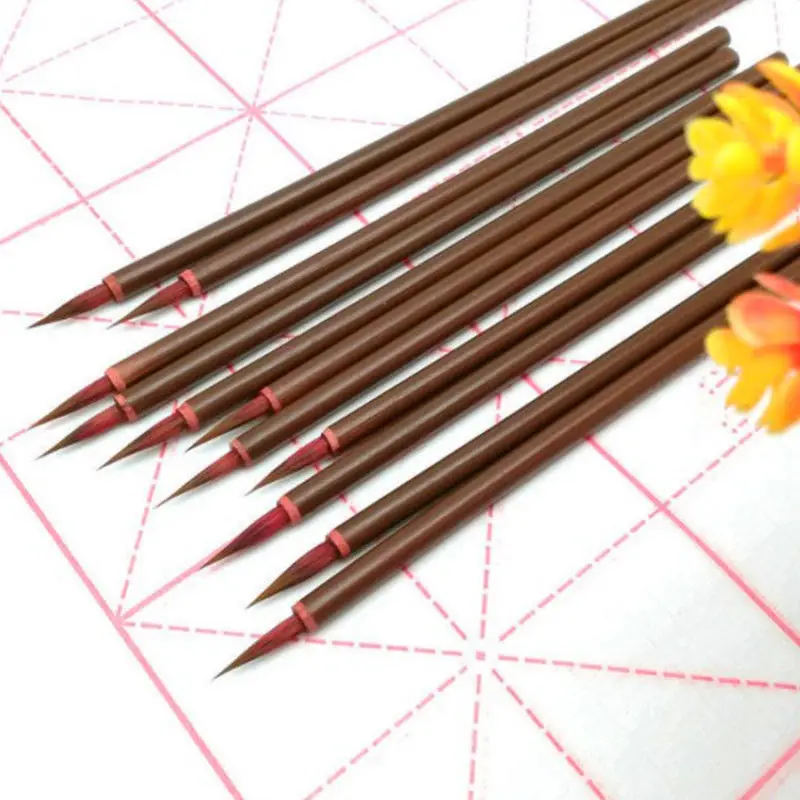 10 PCS Professional Calligraphic Brush Red Hair Small Regular Script Writing Brush Bamboo Handle Weasel Hair Xiaokai Chinese Pen