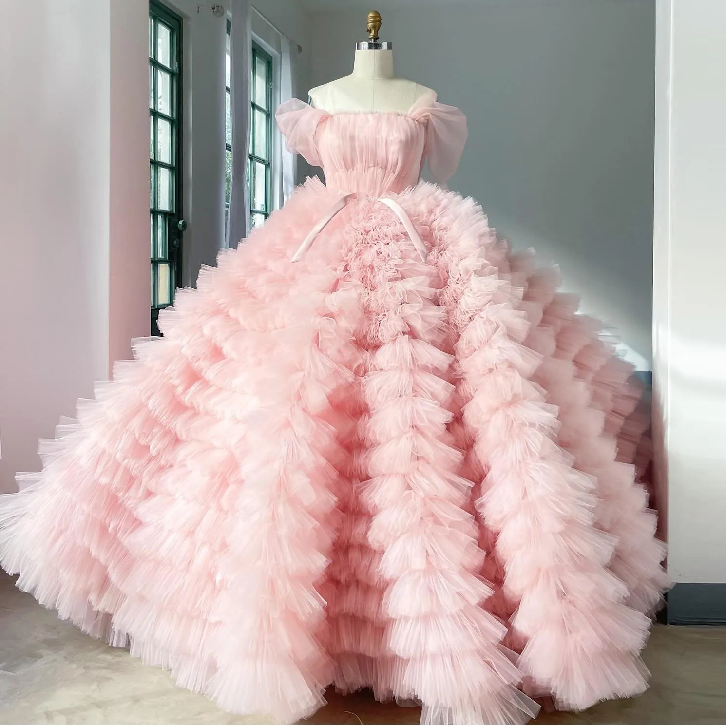 

Real Image Pink Fluffy Tiered Tulle Wedding Bridal Dresses Volume Tutu Tulle Long Maxi Gowns Lace Up Back