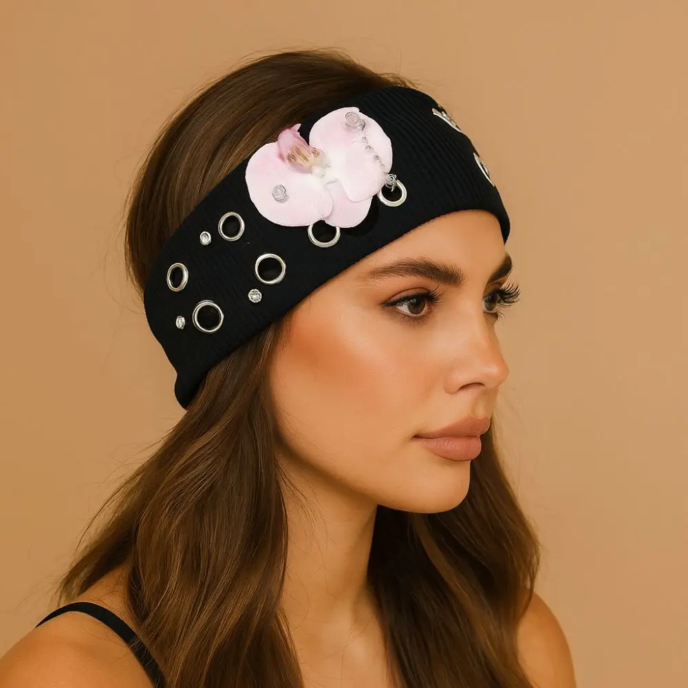 

Hibiscus Butterfly Orchid Knitted Hairband Y2K Hip-hop Flower Elastic Headband Hollow Out Breathable Rhinestone Chain Headscarf