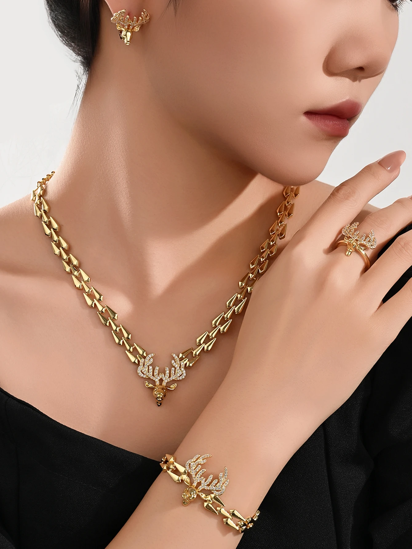 

5pcs/set Women's universal deer jewelry set - animal necklaces, bracelets, rings, earrings - jewelry accessories