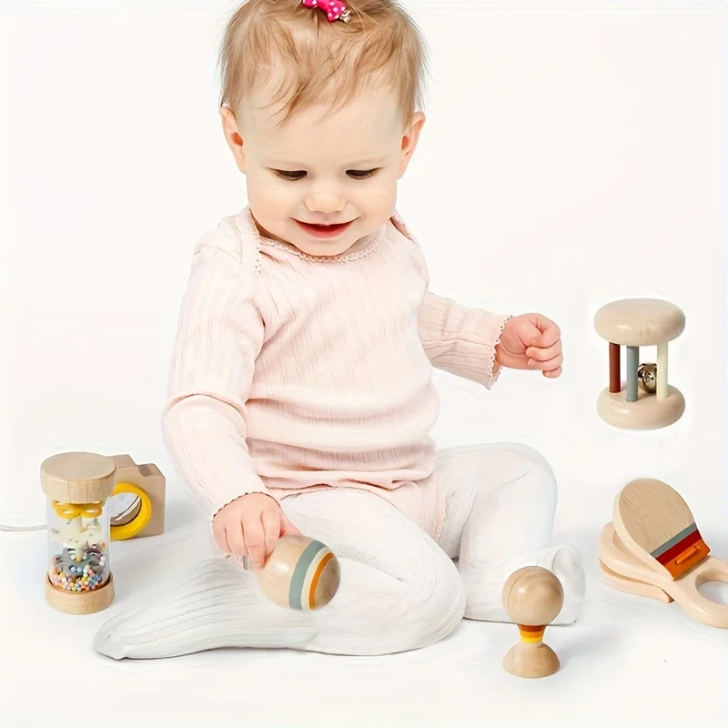 7PCS Houten Rammelaar Speelgoed Baby Rustgevende Muziek Speelgoed Baby Greep Auditieve Visuele Training Pasgeboren Zintuiglijke Training Speelgoed Pasgeboren Geschenken