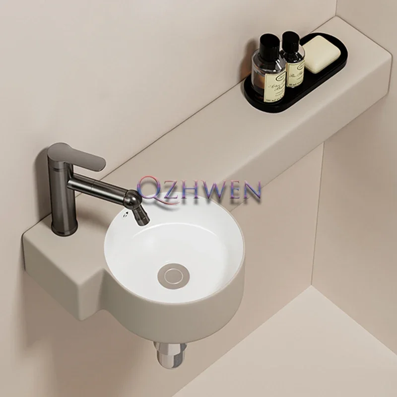 

55cm Ceramic Washbasin Wall Hanging Bathroom Sink Countertop Hand Wash Basin Mini Round Washroom Vessel Sink with Storage Rack