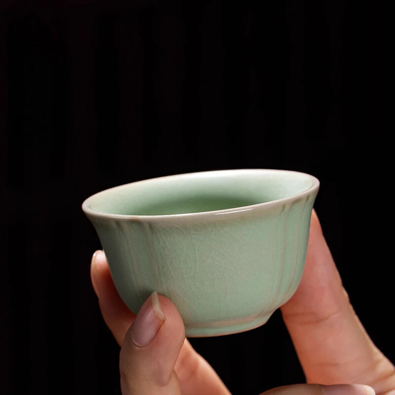 Chinese Style Ceramic Single Cup, Original Mineral Glaze, Crackled Glaze, Handmade Ru Kiln Small Teacup for Home Office Use, 1Pc