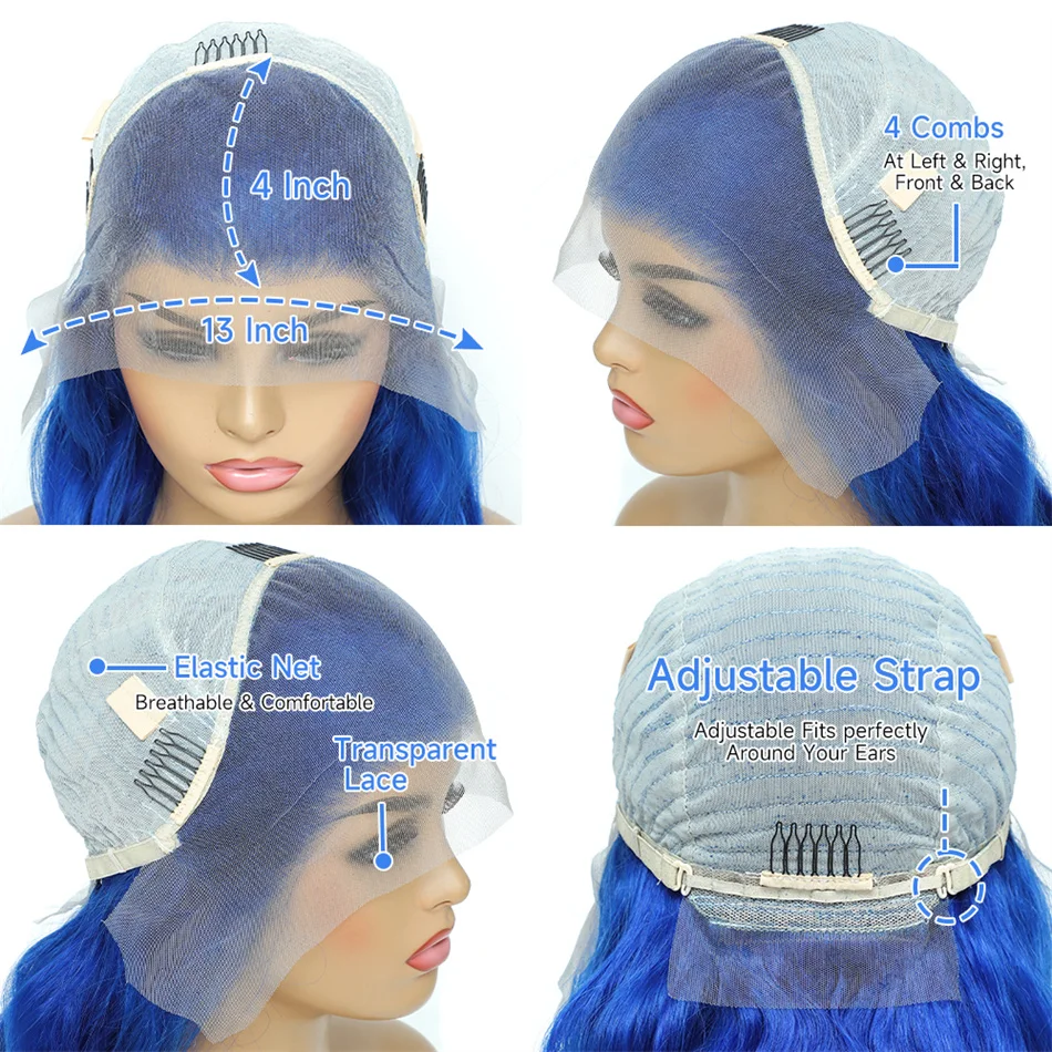 Peluca de cabello humano ondulado de 13x4 para mujer, postizo de encaje Frontal transparente, Color azul, Color rosa, brasileño, Remy