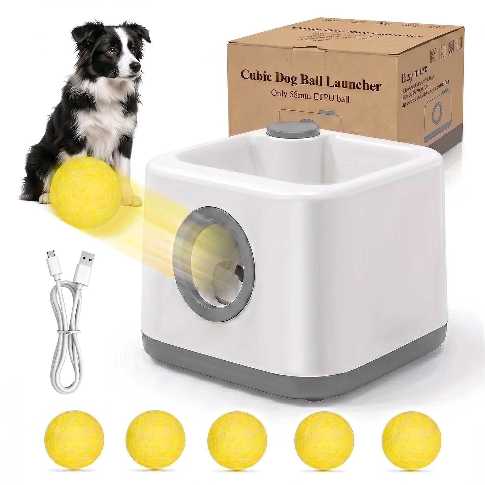 Verbesserte automatische Hundeball-Wurfmaschine mit 5 ETPU-Bällen, einstellbaren 3 Wurfweiten, interaktives Apportierspielzeug für Haustiere, für drinnen und draußen, für Welpen und mittelgroße Hunde.