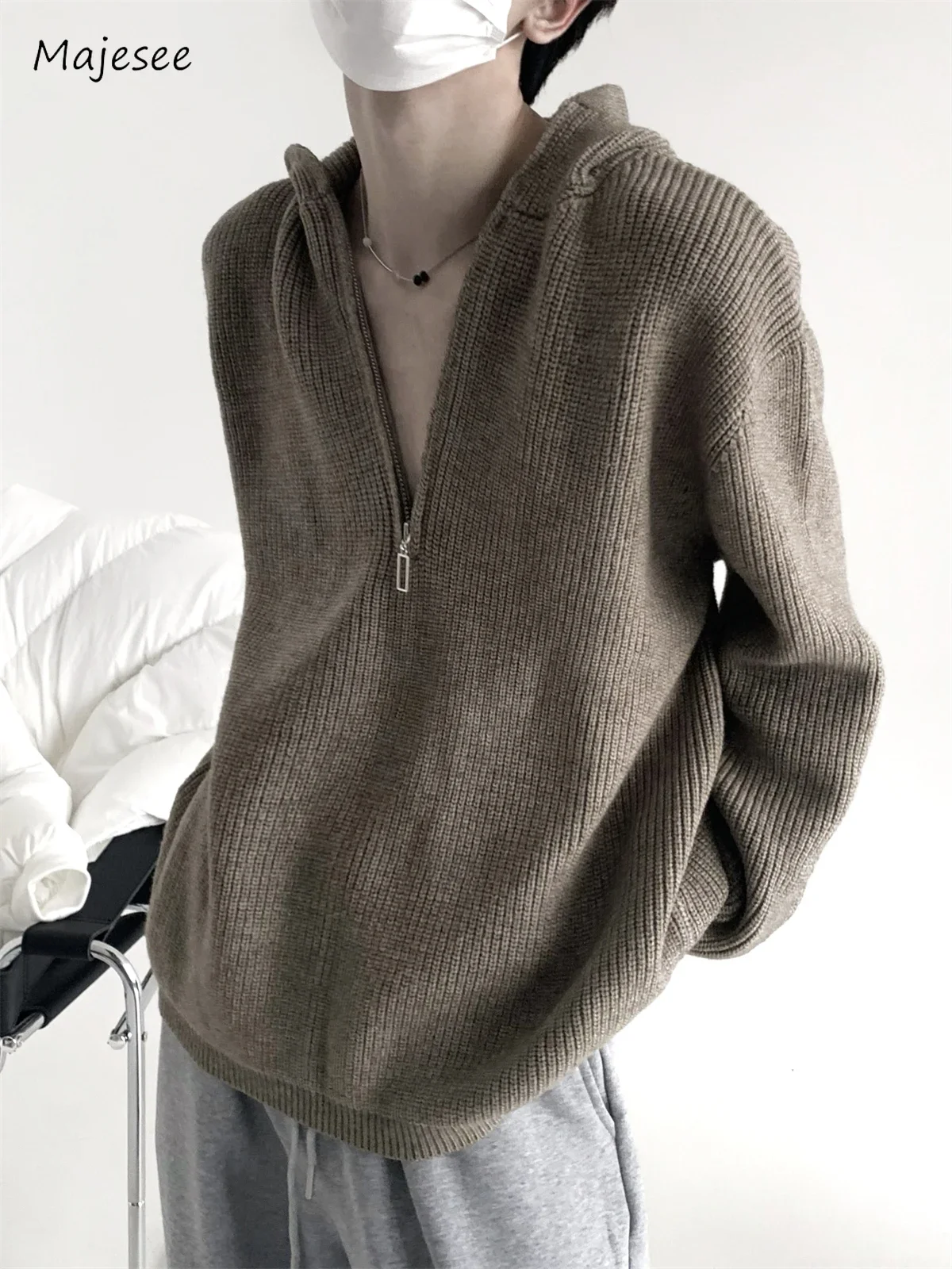 Hooded Sweaters Men Baggy Solid Advanced Slouchy Korean Style Knitwear Retro Autumn All-match Simple Popular Normcore Leisure