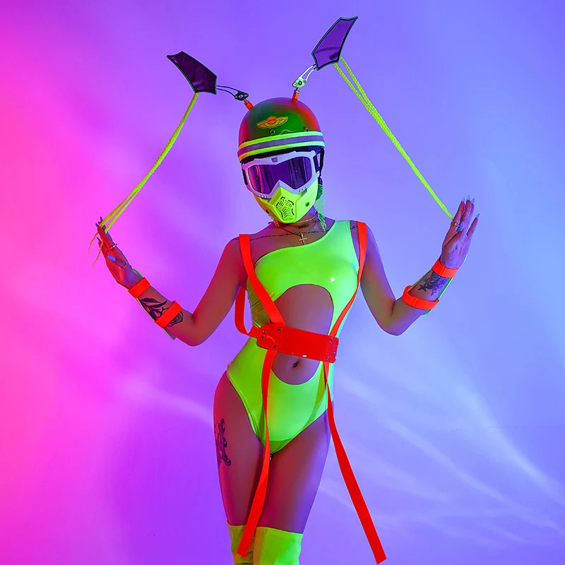 Costume de DJ vert structurels ent pour femme, tenue de soirée rave, combinaison sexy Ds GKnitting, costume de danse, vêtements de scène pour adultes BL6142