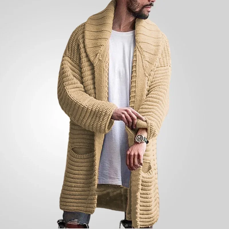 

Men Autumn Winter Mid Length Cardigan Sweaters Thick Coat Turn Down Collar Full Sleeve Knit Solid Coats Casual Loose Open Stitch