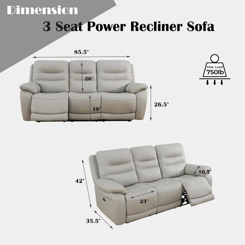 

Genuine Leather Power Recliner Sofa, Leather Sofa with USB Charging, Leather Power Reclining for Living Room Office Apartment