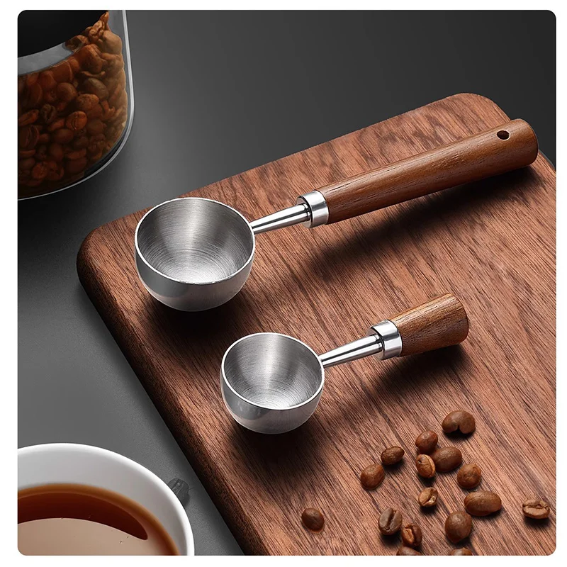

304 Stainless Steel Coffee Measuring Spoon Long Handle Walnut Coffee Powder Scoop Barista Tool