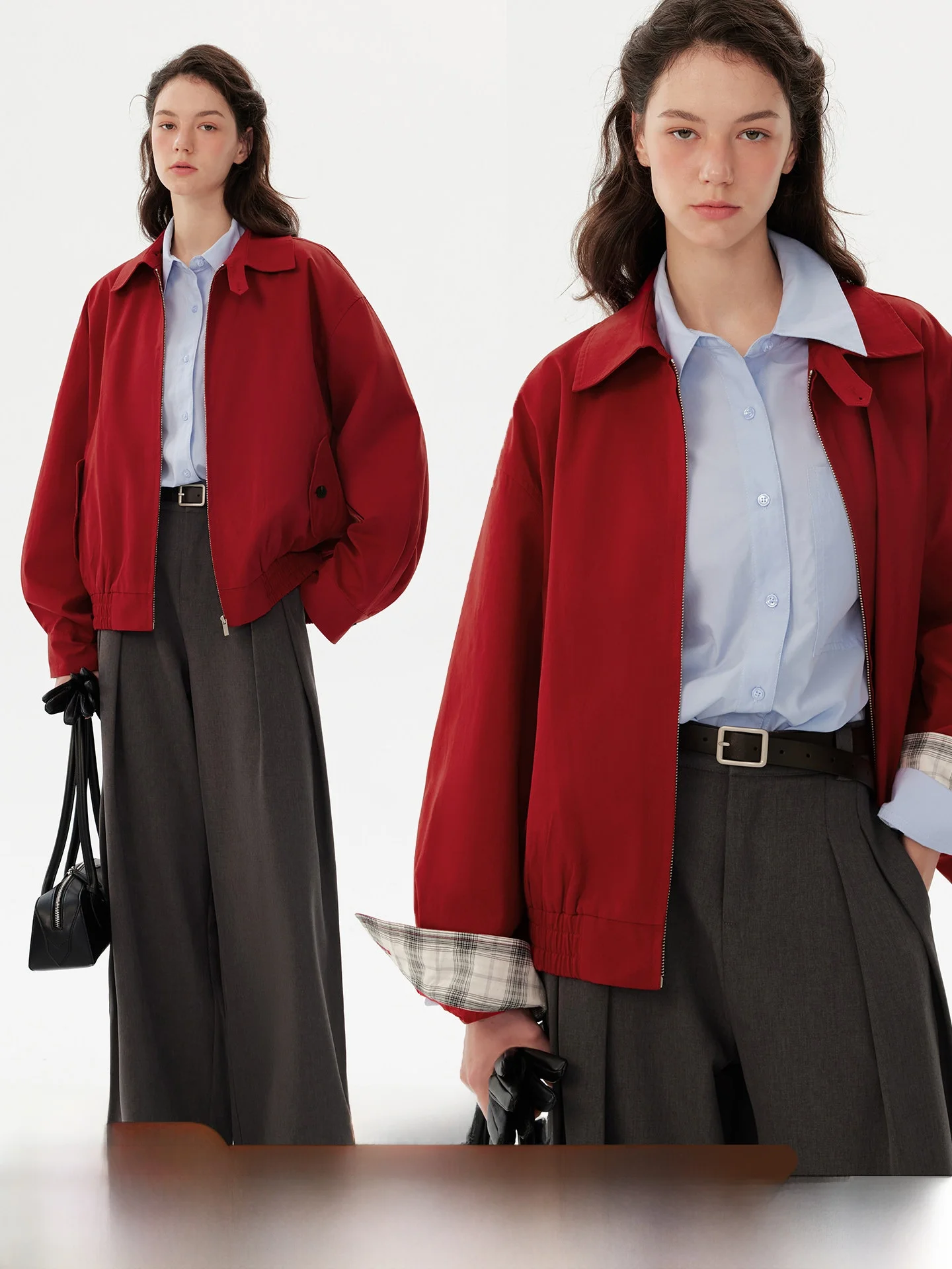 Rebel Heart - Chaqueta Harrington Roja con Cuello a Cuadros en Contraste, Chaqueta Informal de Primavera y Otoño, Corte Holgado, con Cierre, de Algodón, para Mujer