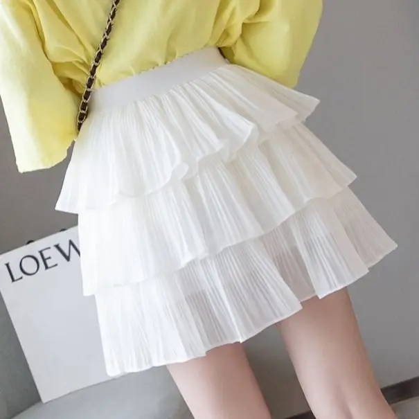 

Summer Women Elasticity Waist Mini Skirt Ladies Chiffon Skirt Ladies Casual Cake Skirts Black White Femme Pleated Skirts L363