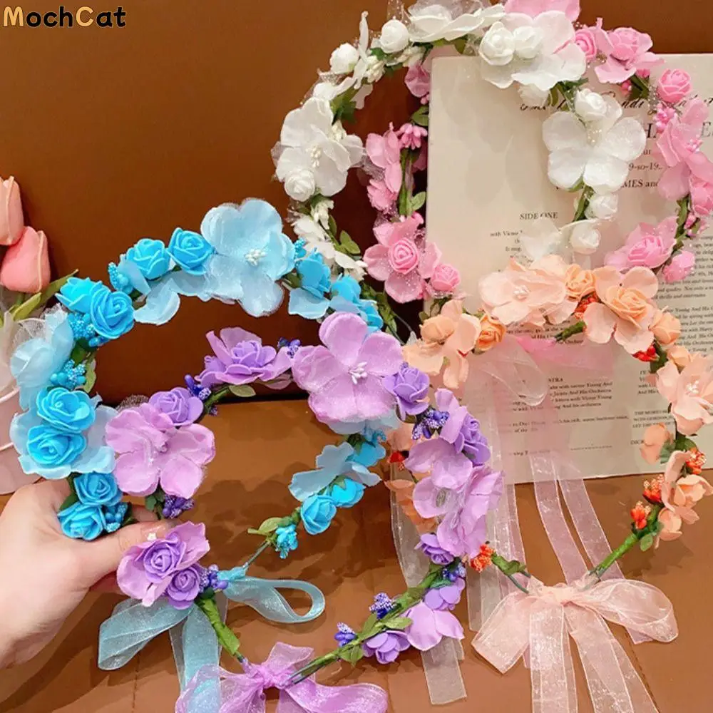 Elegant Simulation Flower Floral Garland Mesh Colorful Children Flower Headband Hair Hoop Hair Ornaments Bridal Crown Headress