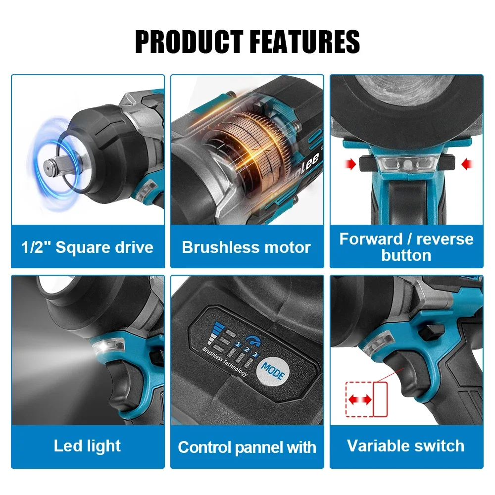 Kamolee 전기 렌치, 무선 임팩트 렌치, 브러시리스 핸드 헬드 전동 공구, Makita 도구, 18V 배터리, 1/2 인치, 3100NM