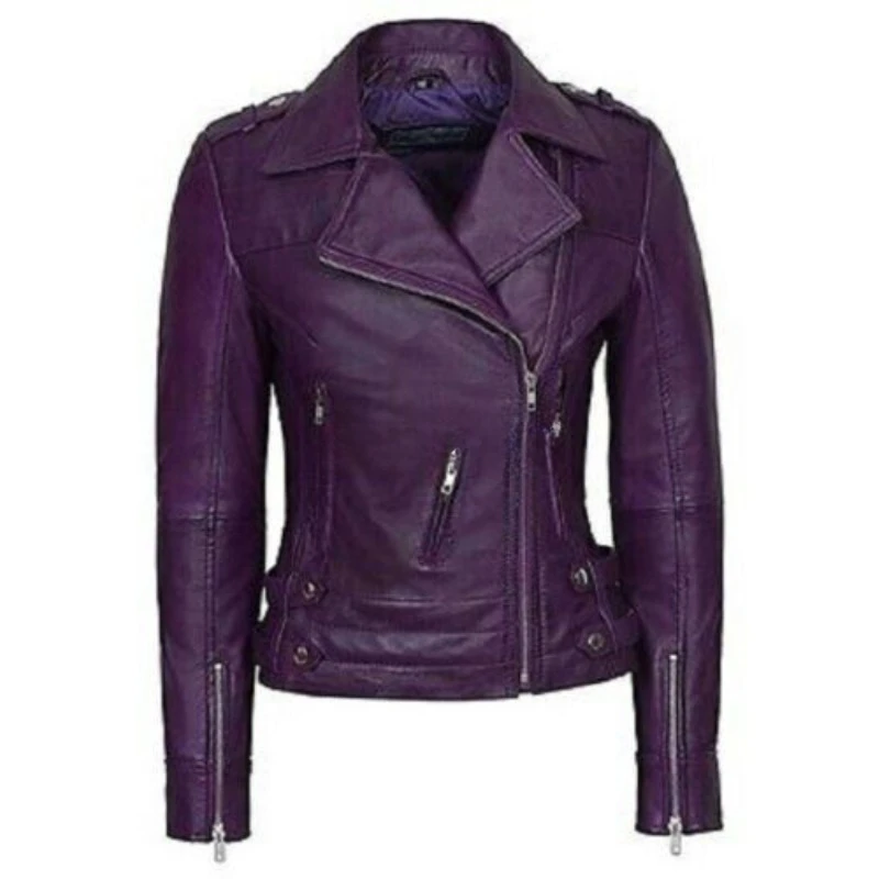 

NEW Stylish Women's Purple Genuine Lambskin 100% Leather Jacket Motorcycle Coat