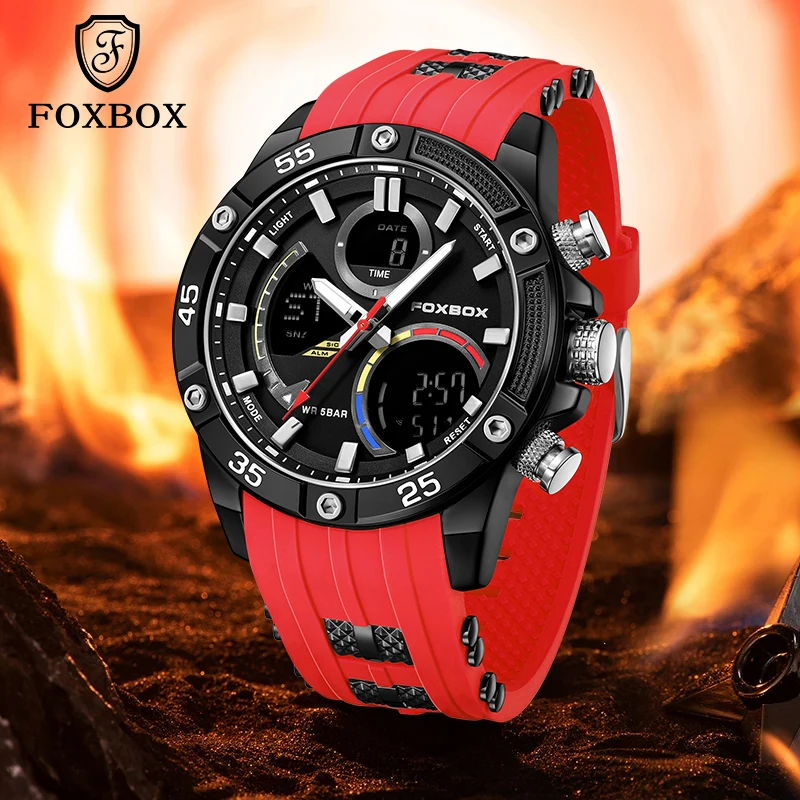 FOXBOX-Montres numériques LED pour hommes, horloge à quartz, sports militaires, extérieur, étanche, luxe, mode décontractée, 50m