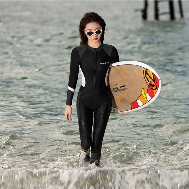 2025 Women Swimsuit One-piece Body Slimming Large Size Wetsuit Quick-drying Sunscreen Trousers Long-sleeved Student Surfing