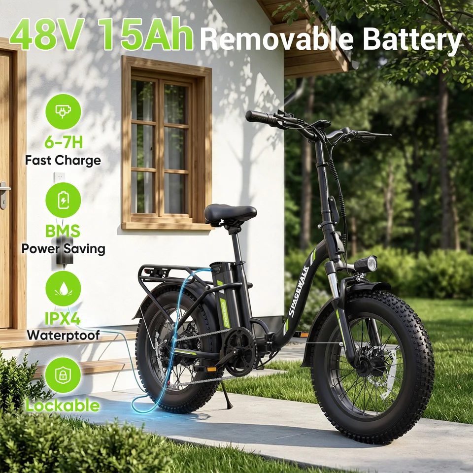 Spacewalk 1500W Foldable Electric Bike for Adults 20x4.0 Folding E-Bike 48V 15Ah Removable Battery 28MPH Long Range 45-60 Miles 7-Speed Gears 5 PAS with NFC Unlock image 6