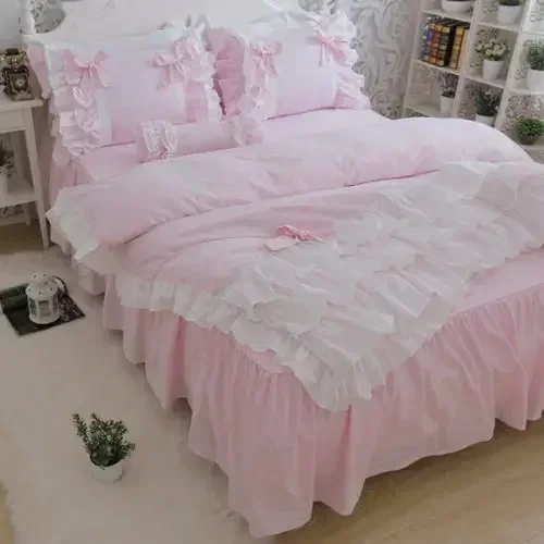 New Luxury Layers Bedding Set Sweet Princess Bow Ruffle Duvet Cover Wedding Bedding Pink Bed Sheet Girl Baby Bed Skirt Cover