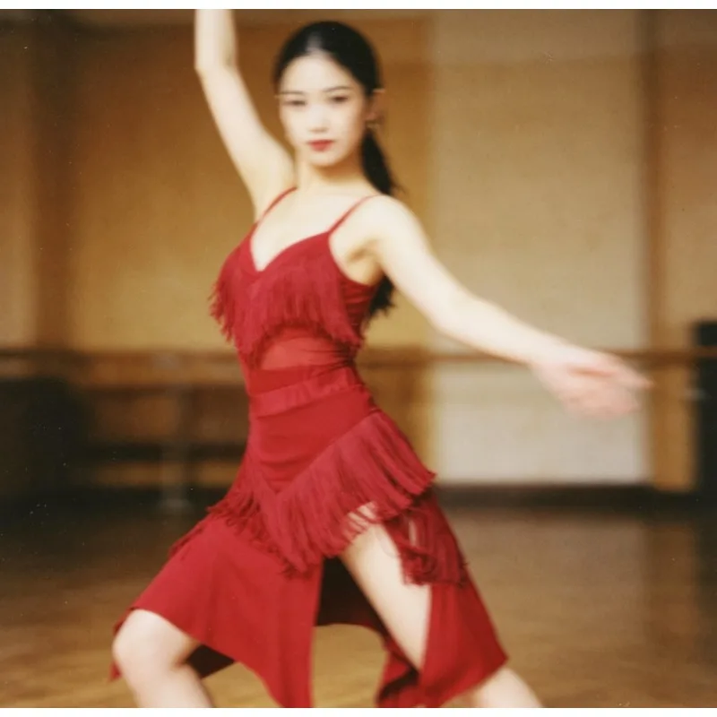 

Women's Latin Dance Fringe Dress Performance Slimming Flared Skirt for Stage Show Competition Practice