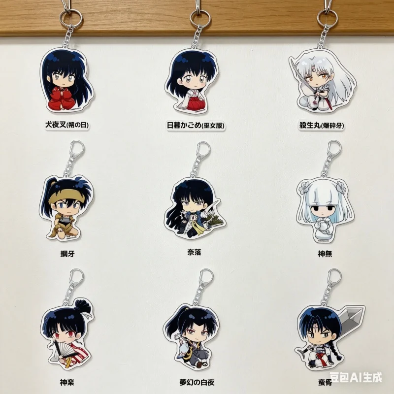 Wholesale Anime Keychains Cartoon Figures Higurashi Kagome Sesshoumaru Miroku Acrylic Keyring Q Version Cell Phone Pendant 6cm