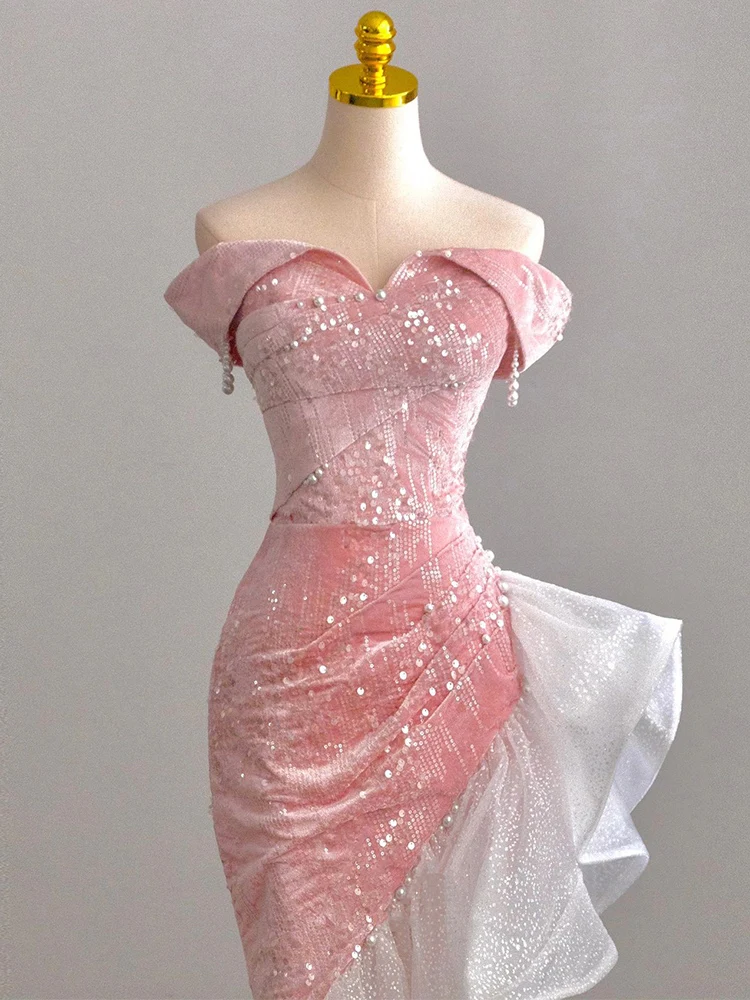 Host Evening Dress Luxury Dress Party Sexy Skirt Bare Chest And Sleeveless Dress Party Bridal Toast Dress Pink Glitter Skirt