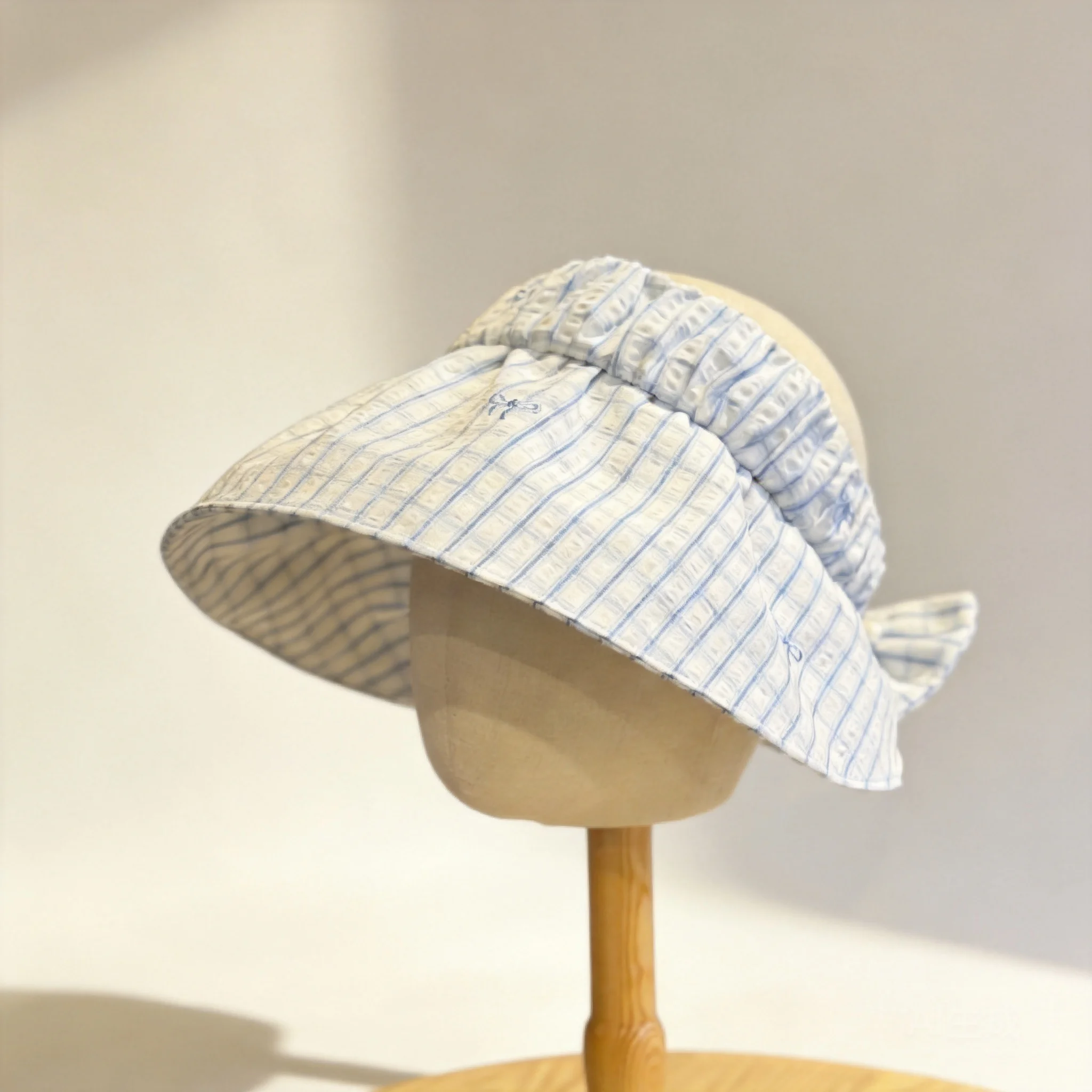 Women Summer 100% Cotton Plaid Bow Decor Empty Top Sun Hat Uv Protection Wide Brim Adjustable 54-60cm Visor Cap For Beach Travel