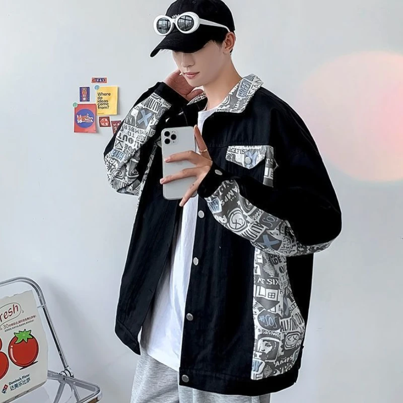 

Осенняя мужская джинсовая куртка с принтом, корейская одежда, дешевая цена, стильная верхняя одежда, роскошный Джокер, свободные мужские джинсовые пальто в стиле пастушки Y2k