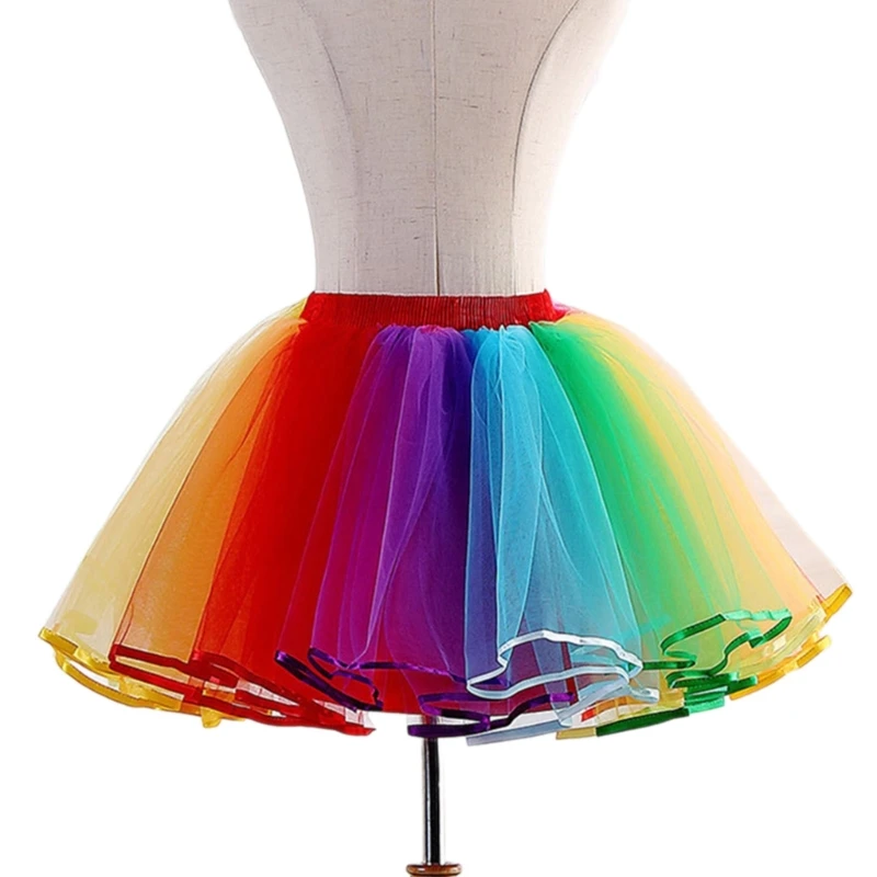 Frauen Hohe Taille Plissee Mesh Midi Rock Regenbogen Rock Geschichteten Tüll Rock P8DB