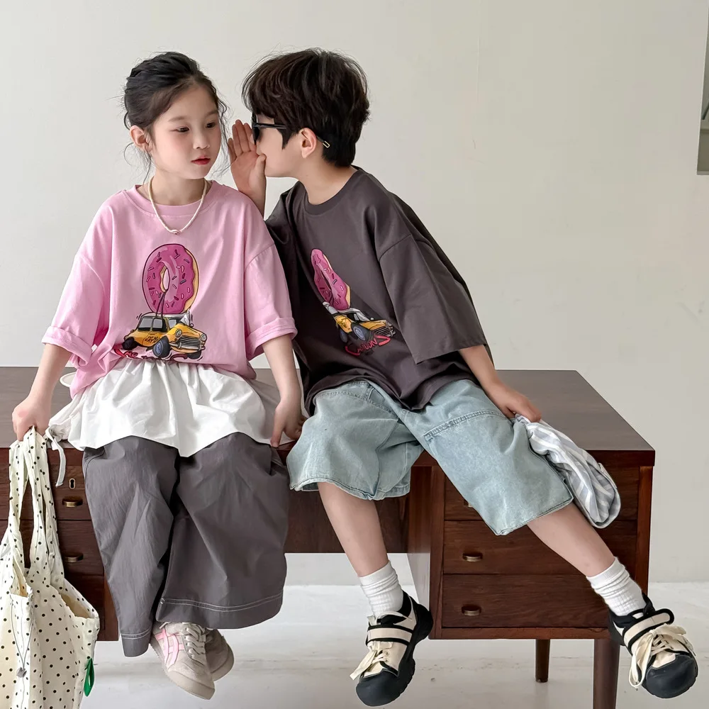 456  Children Short Sleeve Oversized T-shirt Baby Boys Print Casual Loose Tops Cute Little Girls Cotton Tees Kids Pullover Shirt
