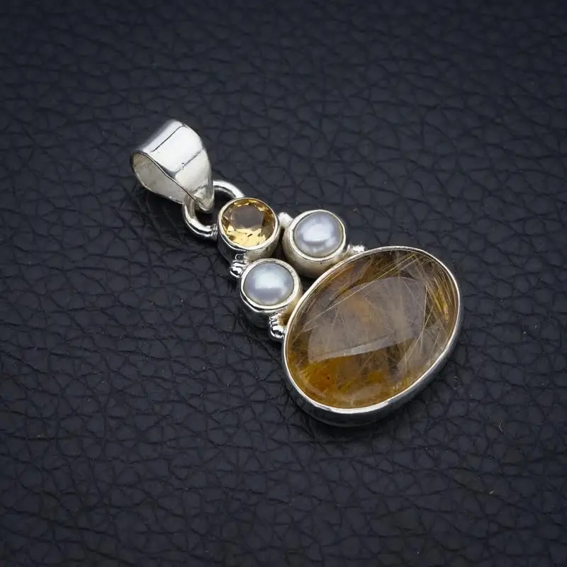 

Hesy® Natural Golden Rutile Citrine And River Pearl Handmade 925 Sterling Silver Pendant 1.25" F3937
