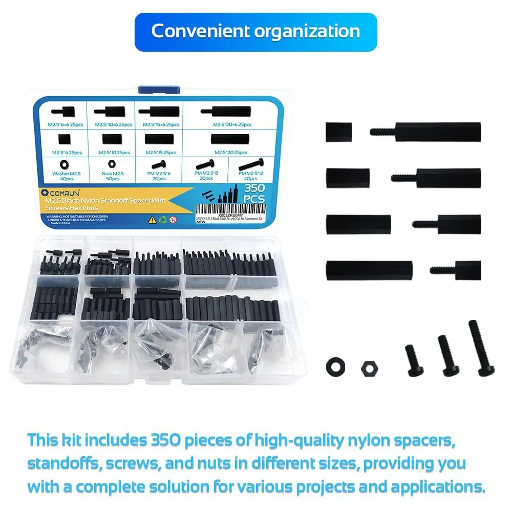 350PCS M2.5 Black Metric Nylon Hex Spacer Standoff Screw Nut Assortment Kit PCB