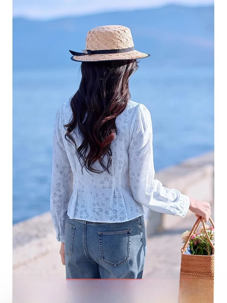 

Синяя женская приталенная блузка с длинными рукавами, дизайнерская модель, весна 2025, новинка, для офиса, с художественными рукавами-фонариками и воротником-стойкой