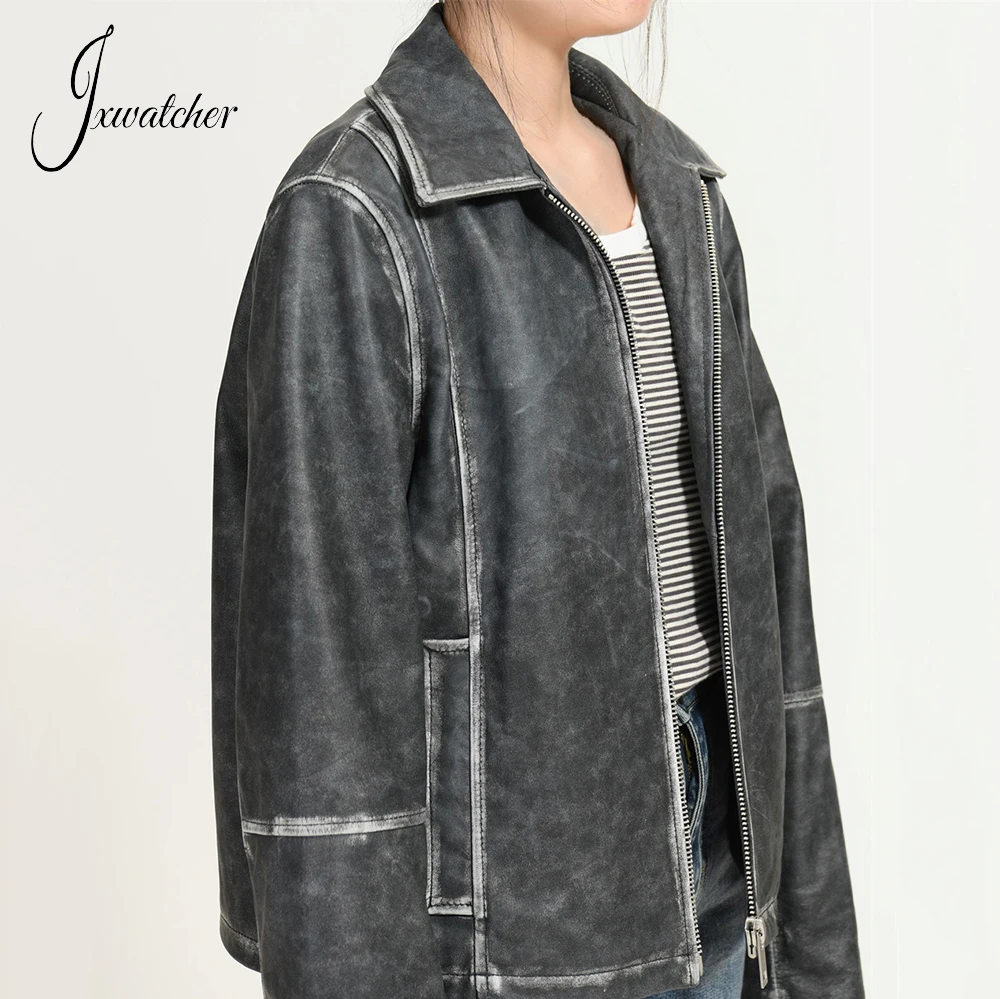 Jxwatcher Schaffell mantel für Frauen Herbst Neuankömmling Mode Echt lederjacke Damen Loose Style Echt leder mäntel