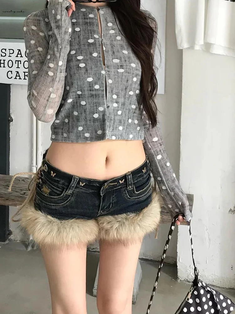 Y2K Jeans Shorts Damen American Retro Plüsch Low Rise Furry Boot Hose Winter