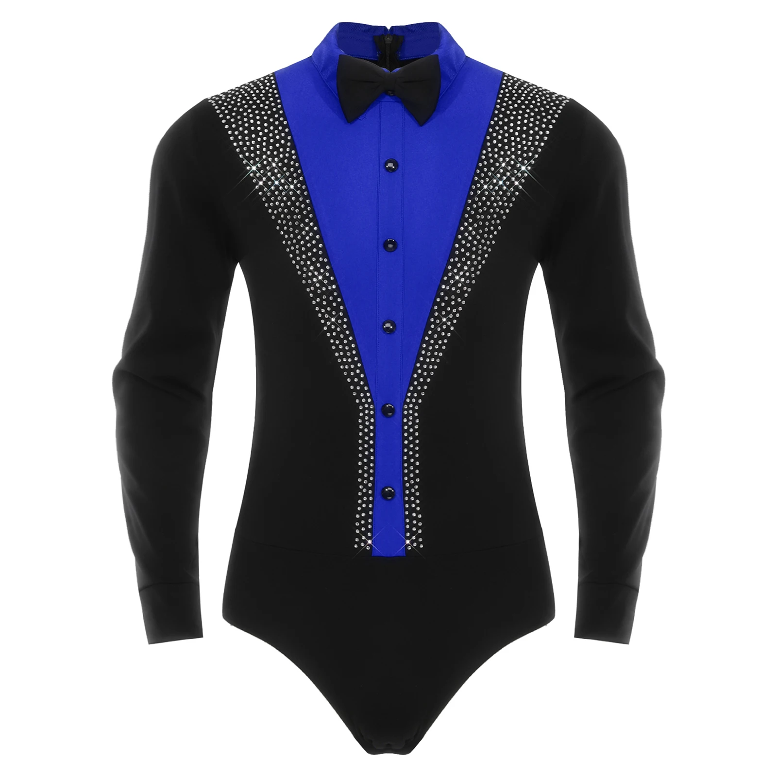 بدلة رقص باليه لاتينية للرجال البالغين مع ربطة عنق وأكمام طويلة من حجر الراين لأداء الرقص على الجمباز