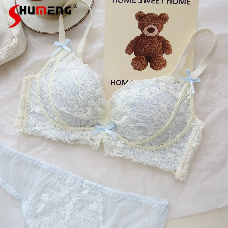 

Bow Lace Sweet Girl Bra Set Small Chest Push Up Anti Sagging Wireless Intimates Women's Solid Color Cute Sexy Brief Suits
