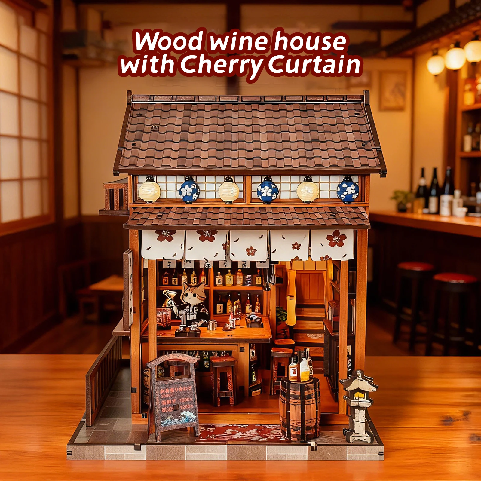 

3d wooden puzzle for adults Sakura Noren Sake House book nook with lights model kit dollhouse DIY miniature house Birthday and C