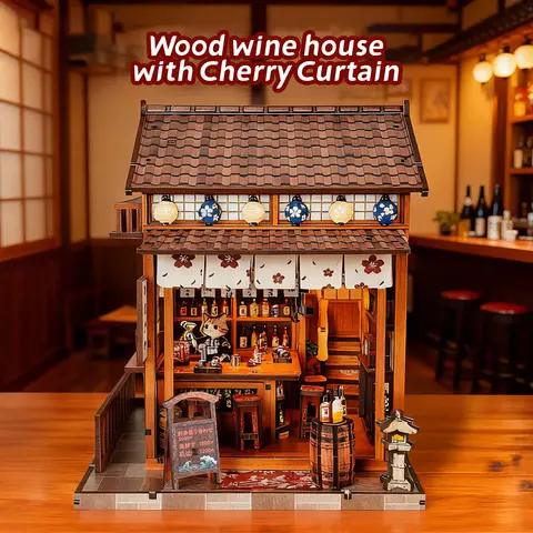 3d wooden puzzle for adults Sakura Noren Sake House book nook with lights model kit dollhouse DIY miniature house Birthday and C