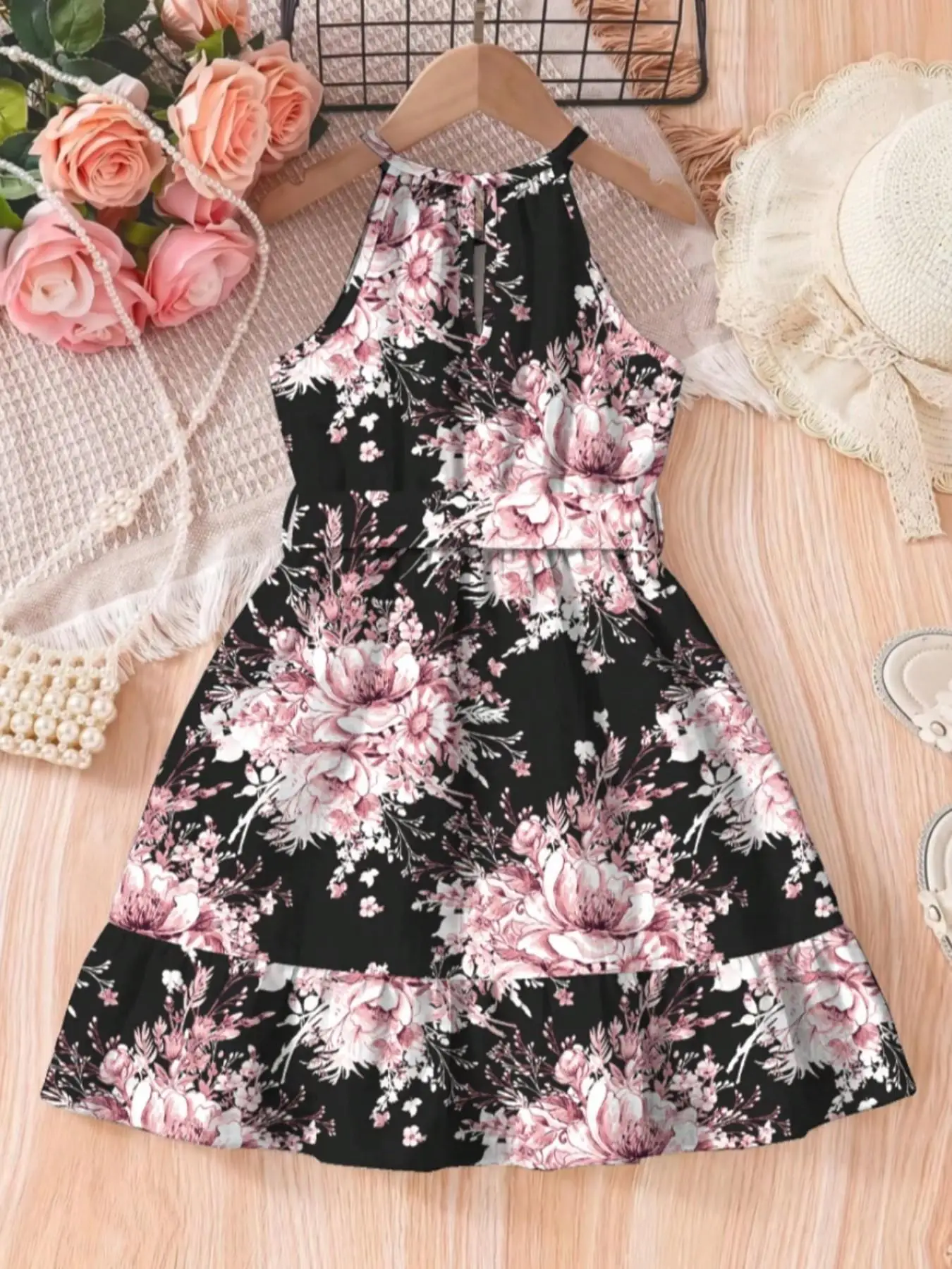 Girls Summer Floral Print Strapless Sleeveless Dress Ruffled Hem Adjustable Waistband Medium-Length Casual Beachwear Non-Elastic