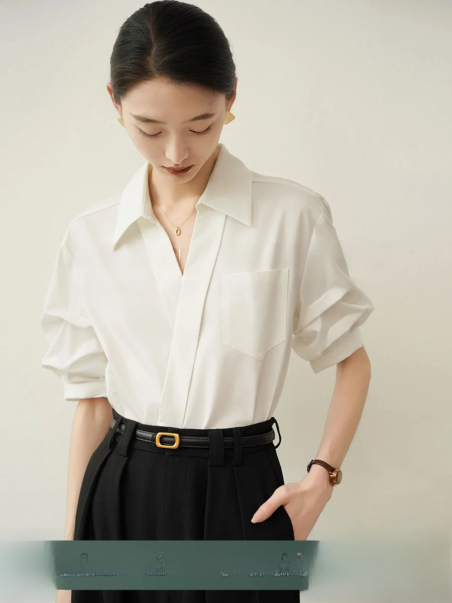 

Achu Women's V-ne ort Sve Bubble Sve irt Casual Commute Sle Interview Suit Top White Summer Busin Faion