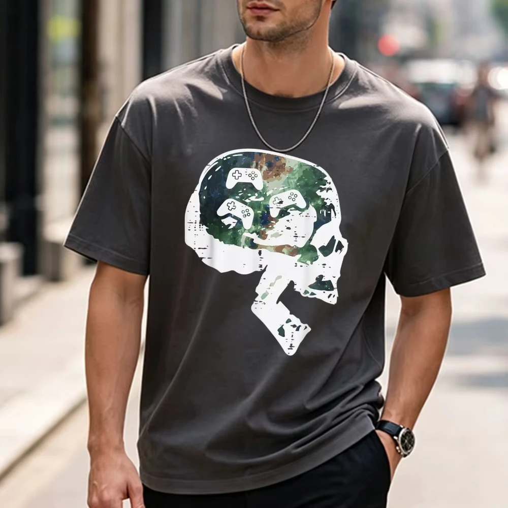 Gamer Skull Funny Video Gaming Men Boys Teens Youth T-Shirt Funny Outdoors High Quality Cotton Short-sleev Breathable Casual Tee
