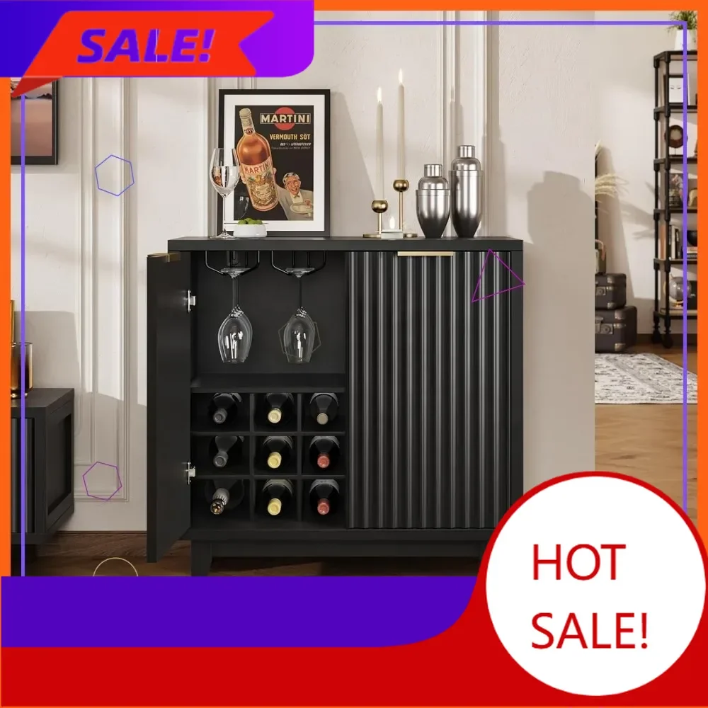 

Hot salesModern Fluted Coffee Bar Cabinet with Wine Rack, Adjustable Shelf, Black Storage for Living Room Kitchen