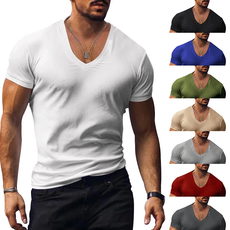 Summer Men Short-sleeved T-shirt Quick-drying Sports T-shirt Men\'s V-neck Solid Color Plus-Size Casual T-shirt Men\'s Wear Hombre